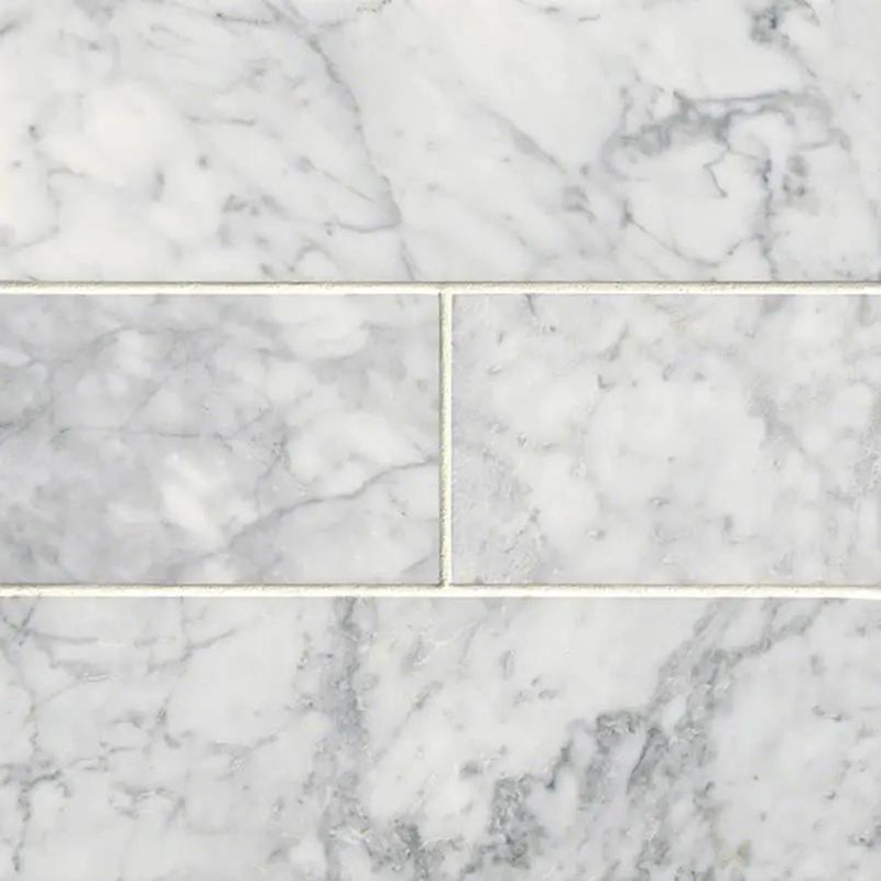 Carrara White Polished Marble Mosaics 4x12 close up