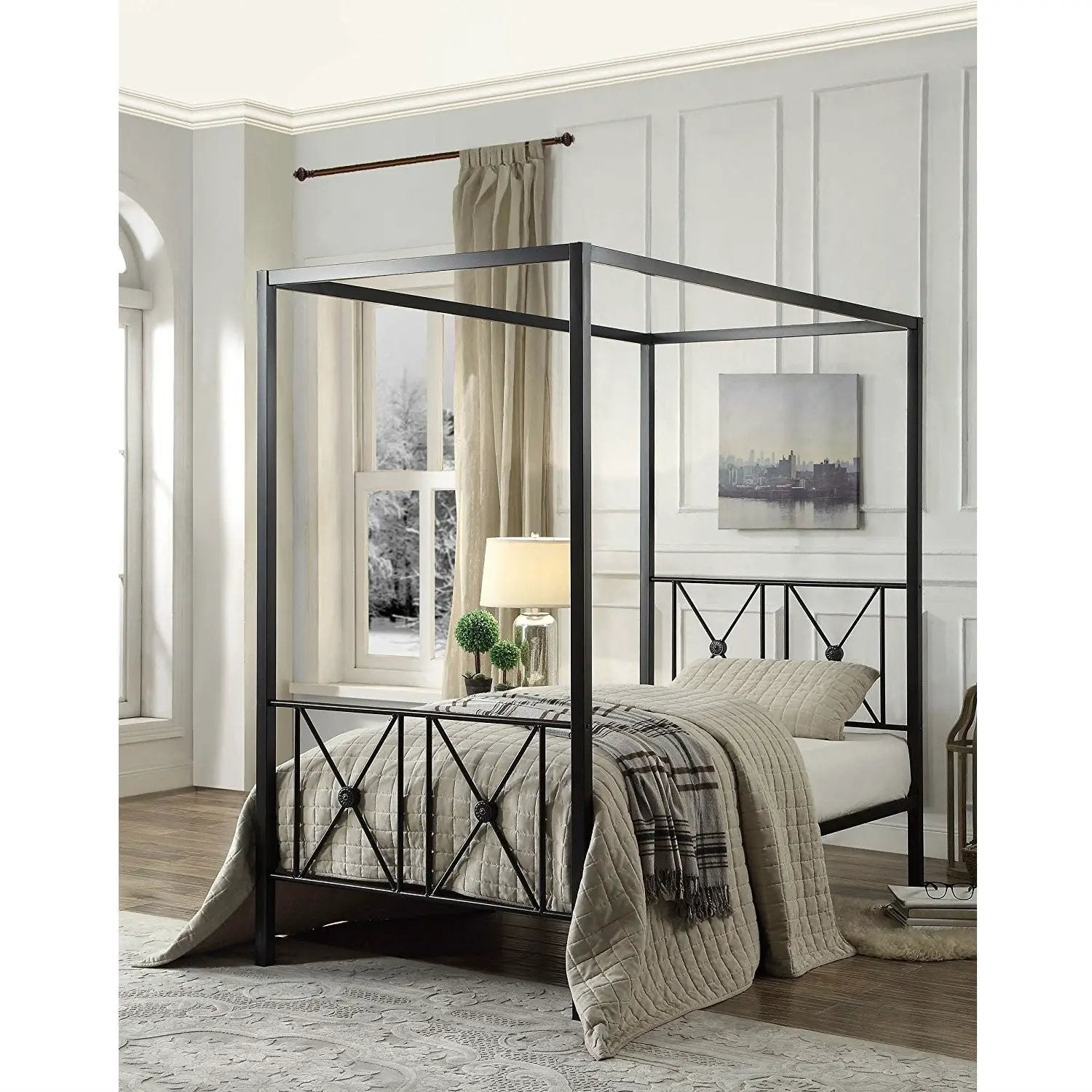 Twin size Black Metal Canopy Bed Frame with Medallion Accents by HomePacific