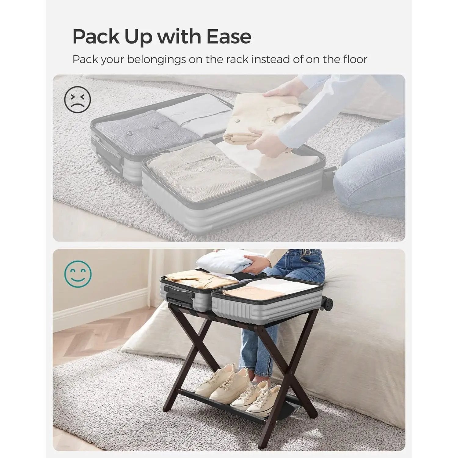 Set of 2 - Sturdy Bamboo Luggage Rack in Brown Wood Finish with Bottom Shelf by HomePacific