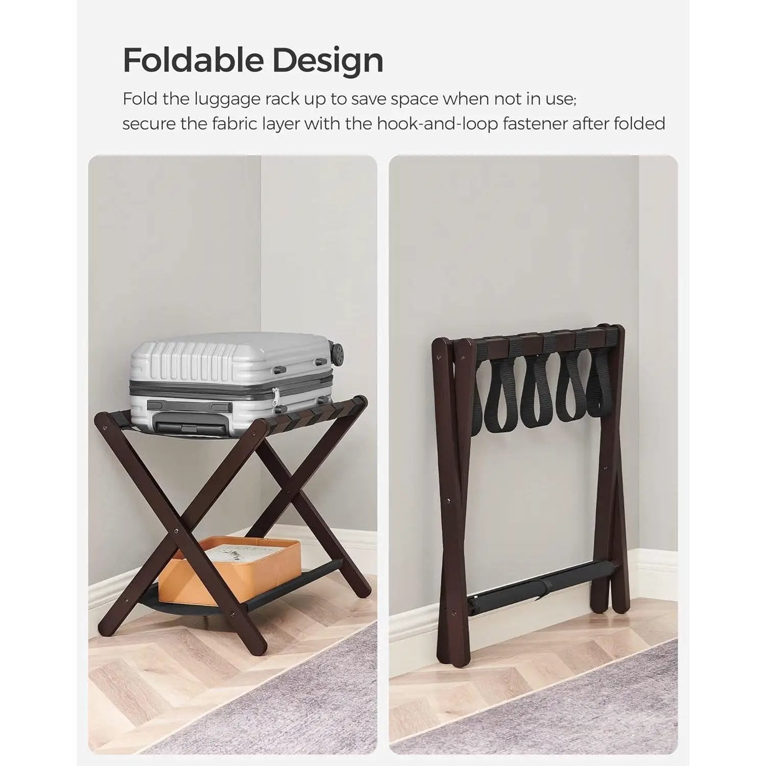 Set of 2 - Sturdy Bamboo Luggage Rack in Brown Wood Finish with Bottom Shelf by HomePacific