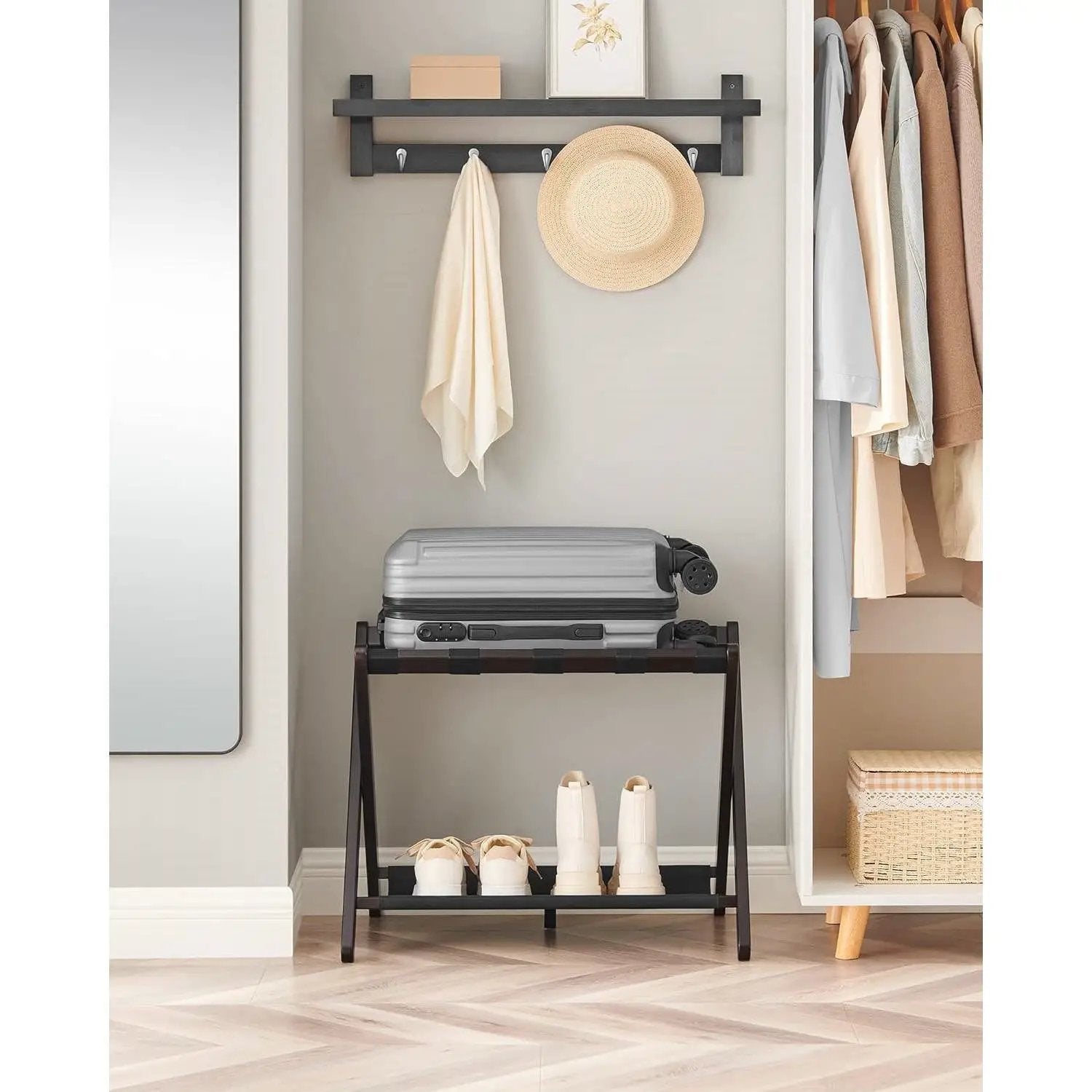 Set of 2 - Sturdy Bamboo Luggage Rack in Brown Wood Finish with Bottom Shelf by HomePacific