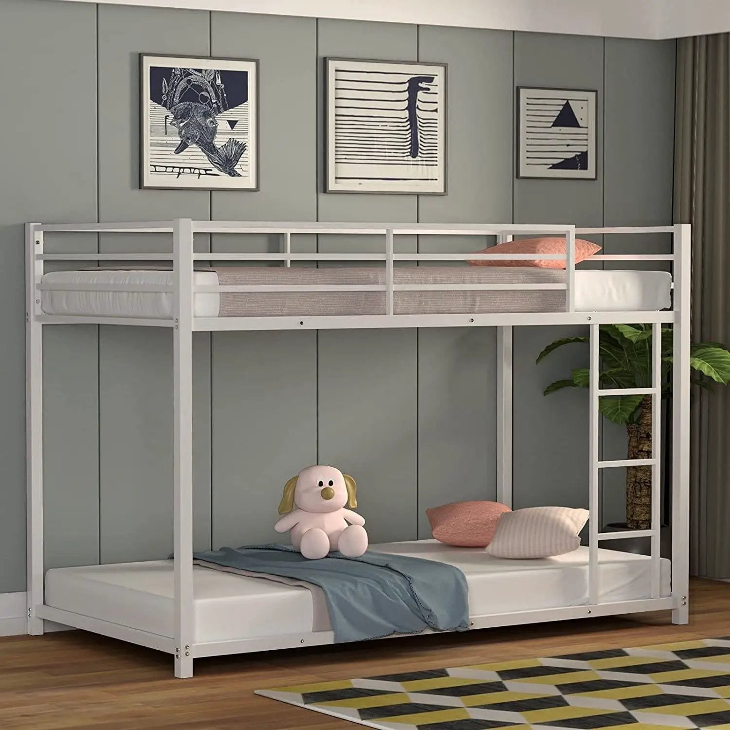 Twin over Twin Low Profile Modern Bunk Bed Frame in White Metal Finish by HomePacific