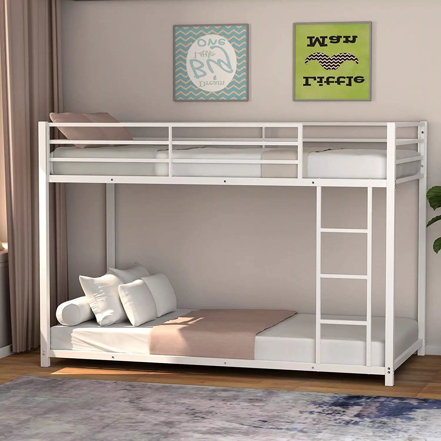 Twin over Twin Low Profile Modern Bunk Bed Frame in White Metal Finish by HomePacific