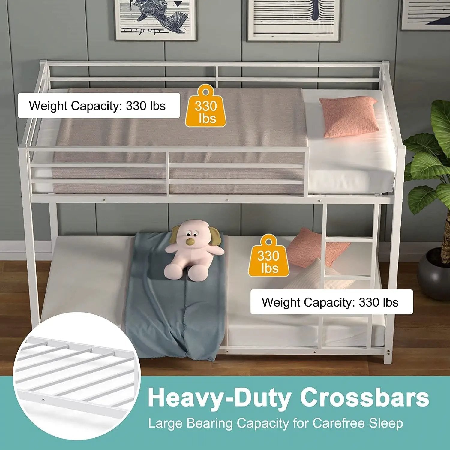 Twin over Twin Low Profile Modern Bunk Bed Frame in White Metal Finish by HomePacific