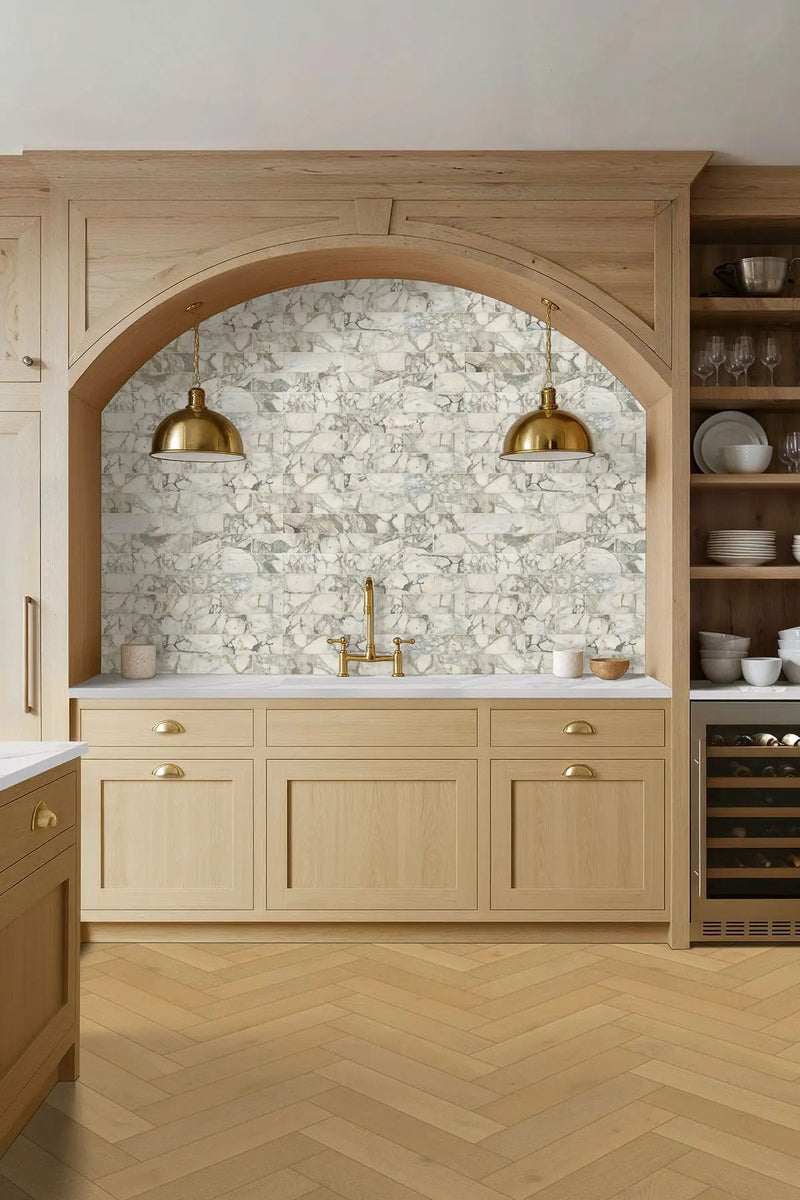 Coronado 4x12 Honed Marble Mosaics in a finished room
