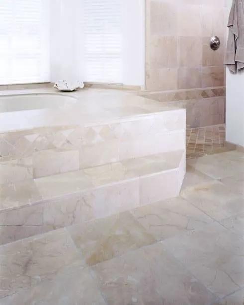 Crema Marfil Polished Herringbone Marble Mosaics 1x2 in a finished room
