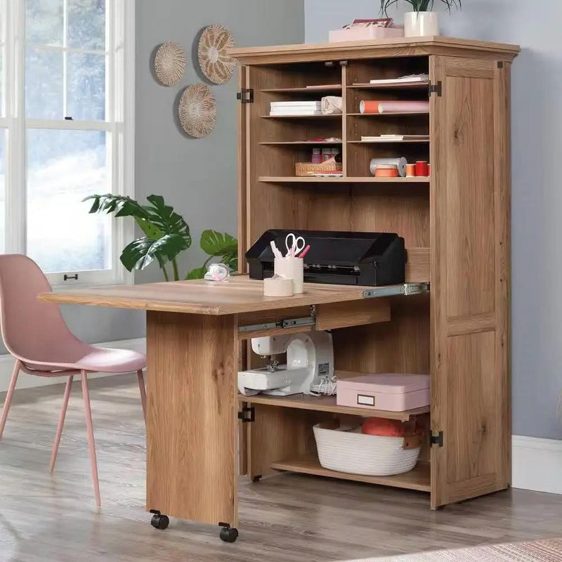Drop Leaf Computer Desk Craft Table Armoire in Oak Wood Finish - Made in USA by HomePacific