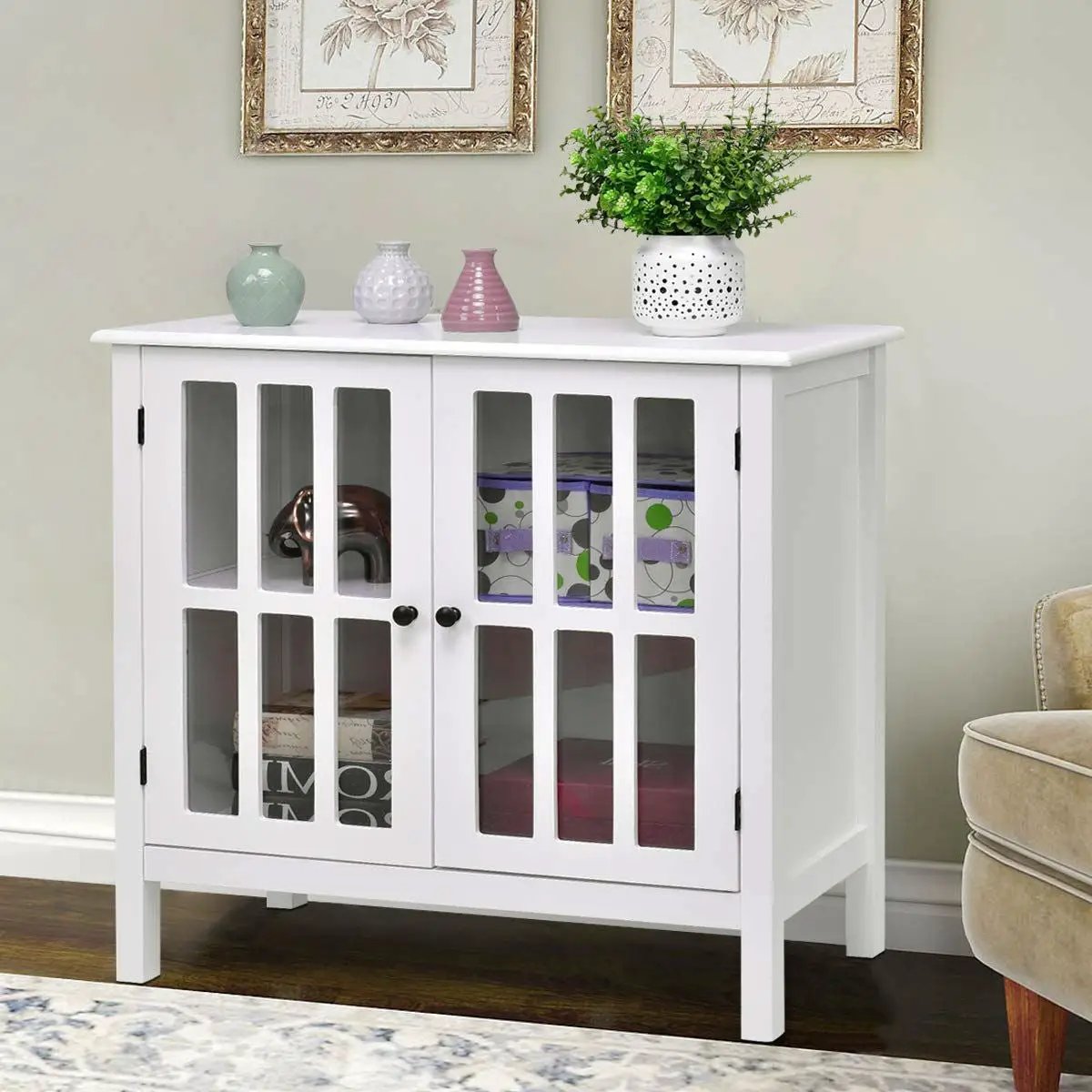 White Wood Bathroom Storage Floor Cabinet with Glass Doors by HomePacific