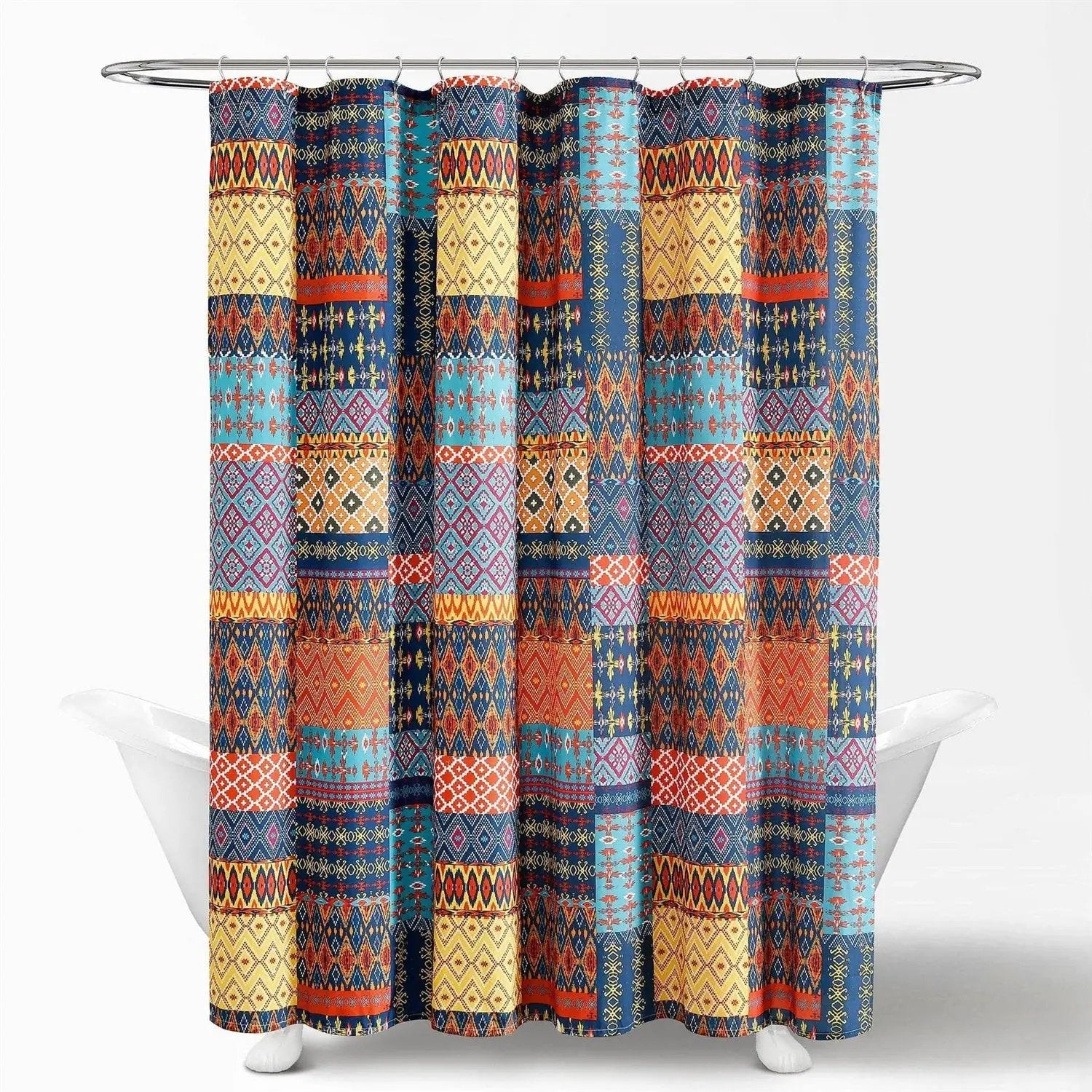 72-inch Navy Blue Orange Yellow Teal Boho Patchwork Polyester Shower Curtain by HomePacific