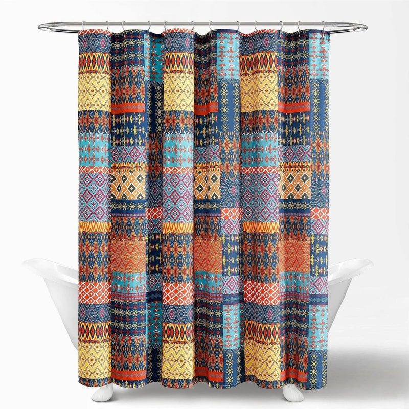 72-inch Navy Blue Orange Yellow Teal Boho Patchwork Polyester Shower Curtain by HomePacific