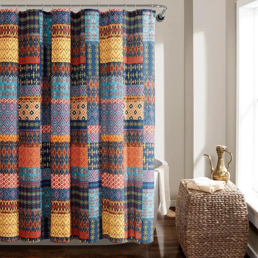 72-inch Navy Blue Orange Yellow Teal Boho Patchwork Polyester Shower Curtain by HomePacific