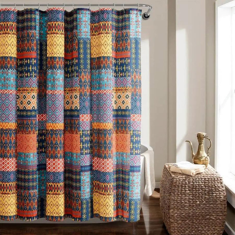 72-inch Navy Blue Orange Yellow Teal Boho Patchwork Polyester Shower Curtain by HomePacific
