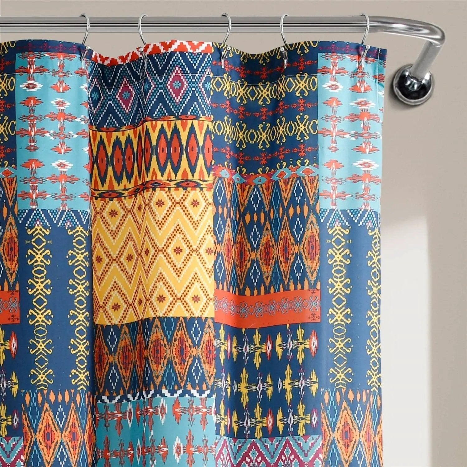 72-inch Navy Blue Orange Yellow Teal Boho Patchwork Polyester Shower Curtain by HomePacific