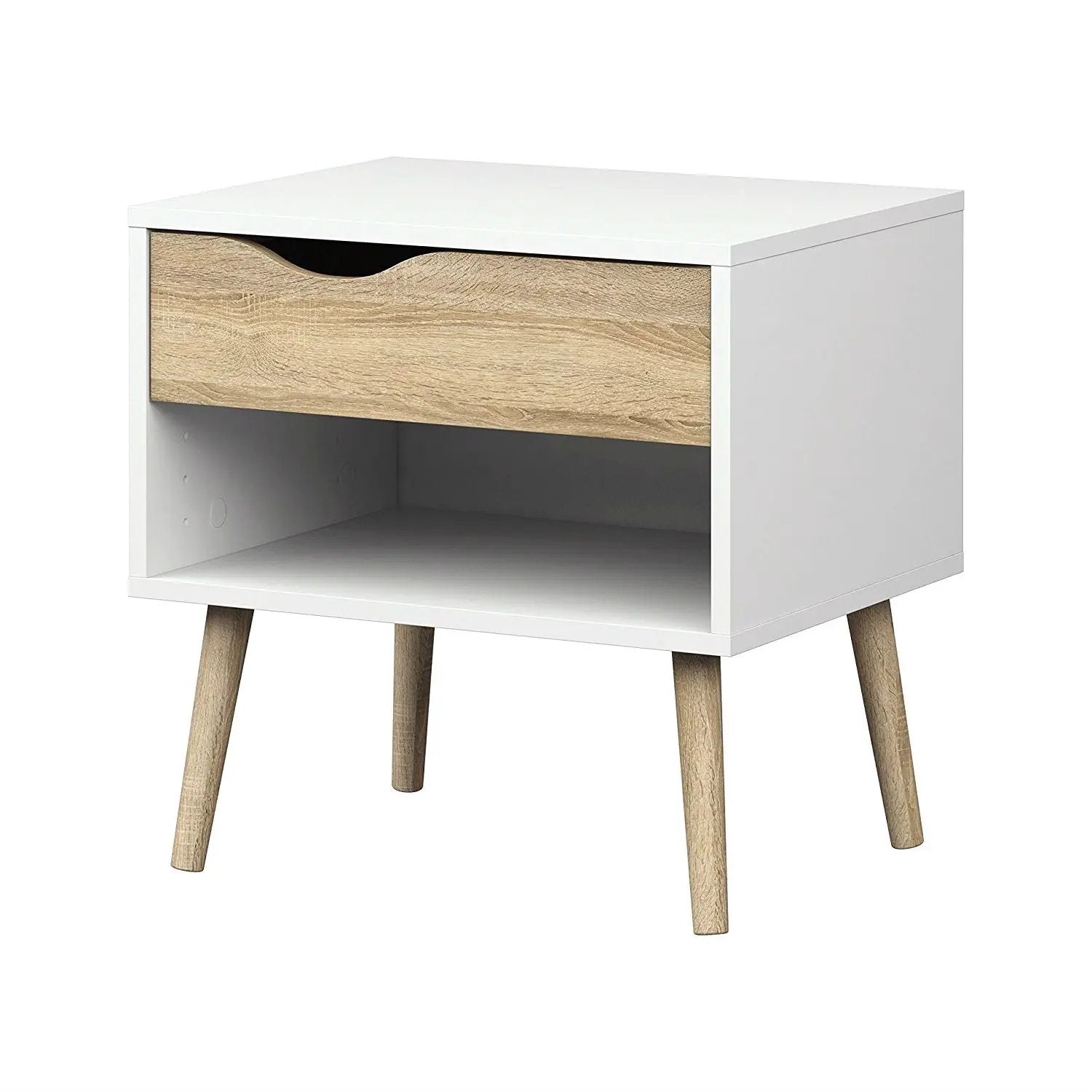 Modern Mid Century Style End Table Nightstand in White & Oak Finish by HomePacific