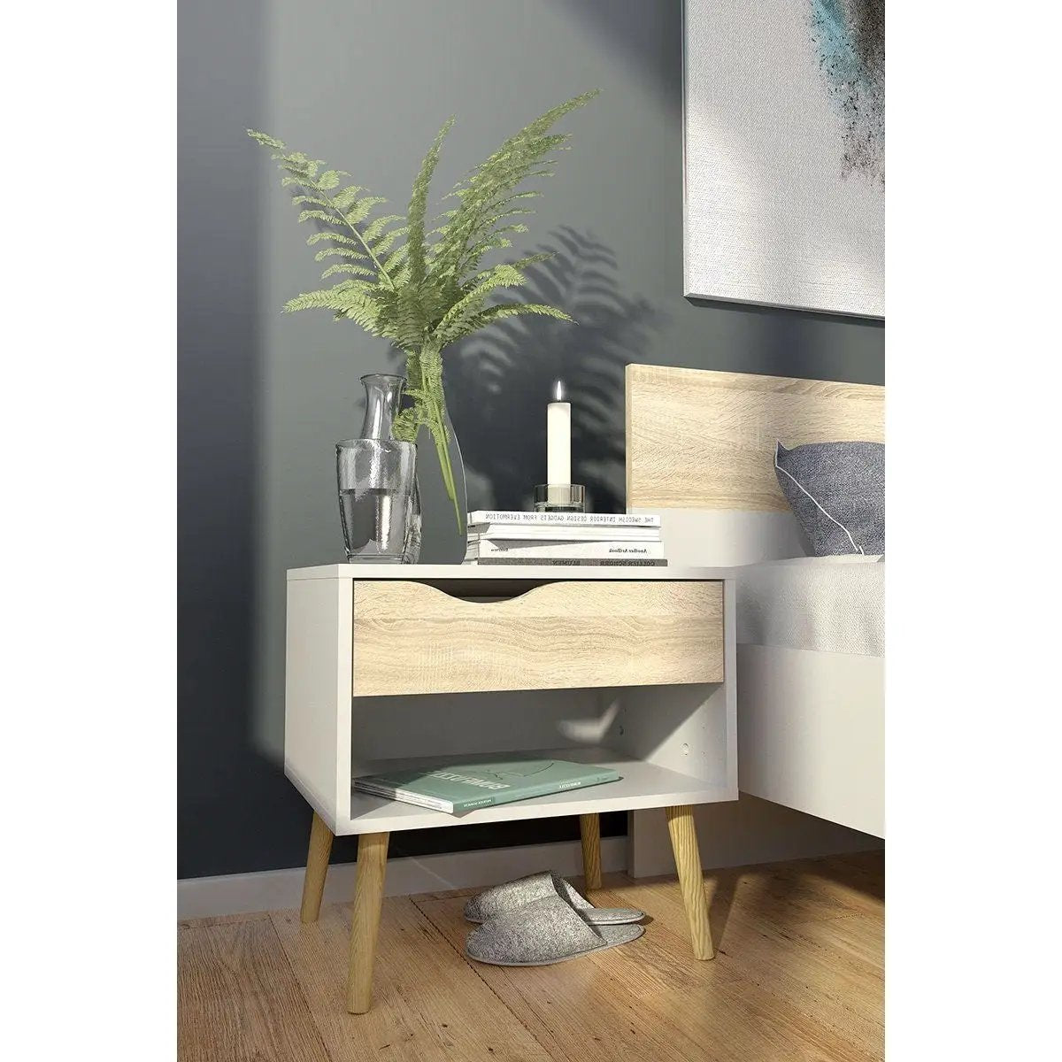 Modern Mid Century Style End Table Nightstand in White & Oak Finish by HomePacific