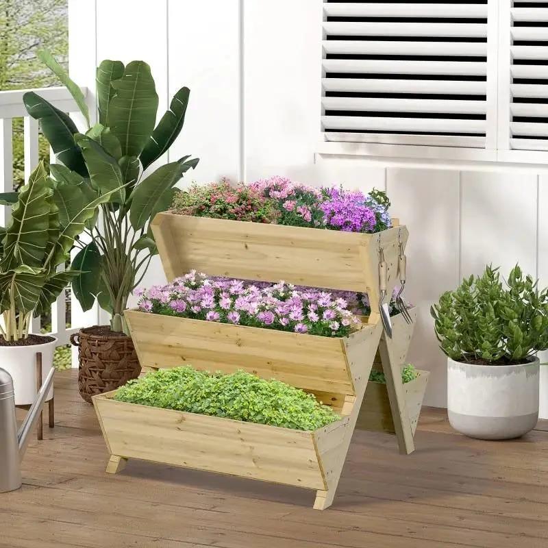 3-Tier Outdoor Fir Wood Elevated Planter Herb Flower Box Raised Garden Bed by HomePacific