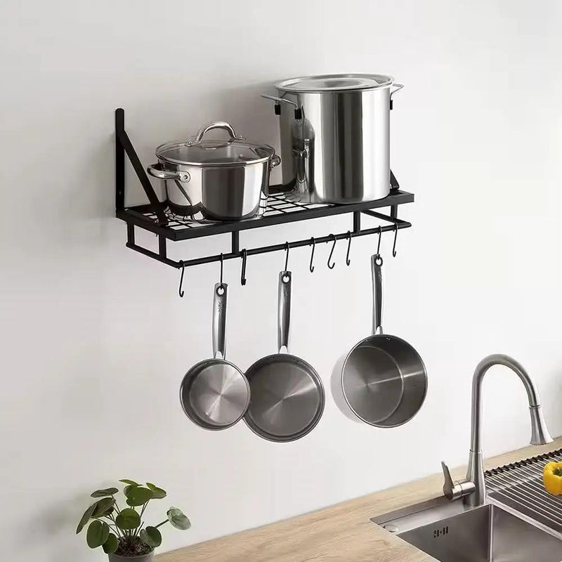 Matte Black Stainless Steel Wall Mounted Pot Rack with 10 Hanging Hooks by HomePacific
