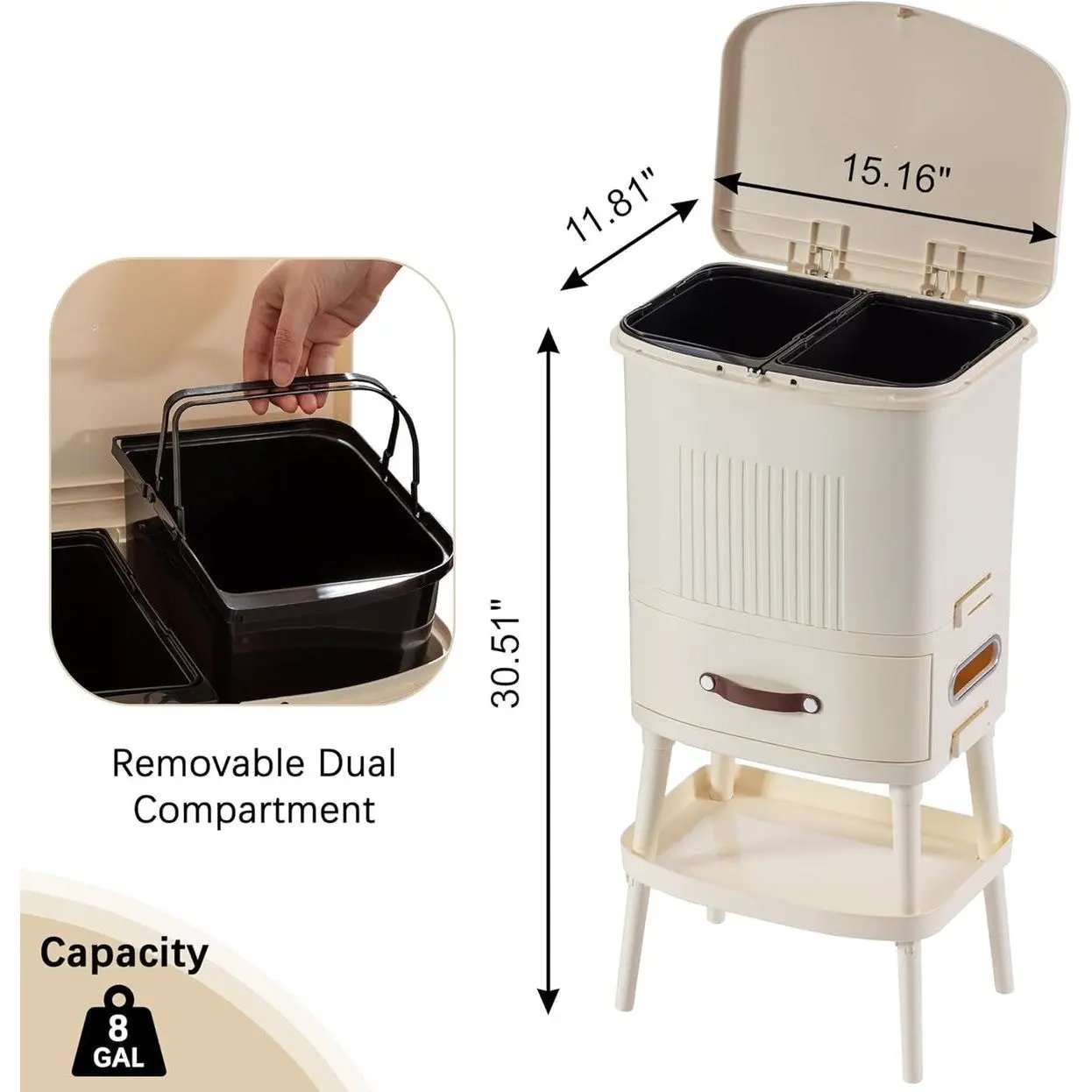 8 Gallon Elevated Trash Kitchen Can with Lid and Storage Shelf in Cream by HomePacific