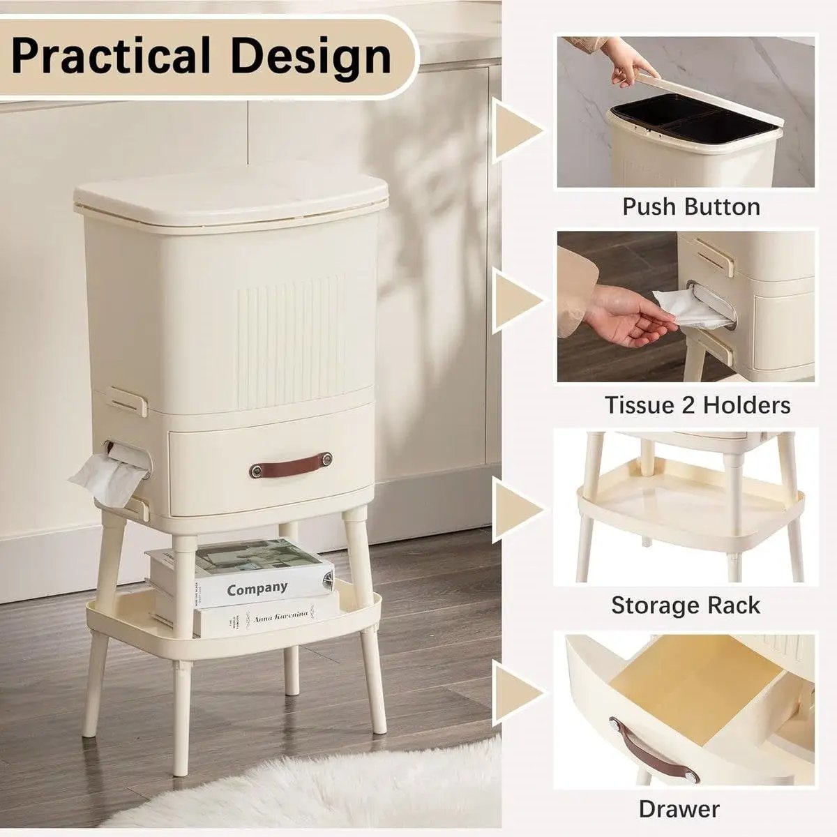 8 Gallon Elevated Trash Kitchen Can with Lid and Storage Shelf in Cream by HomePacific