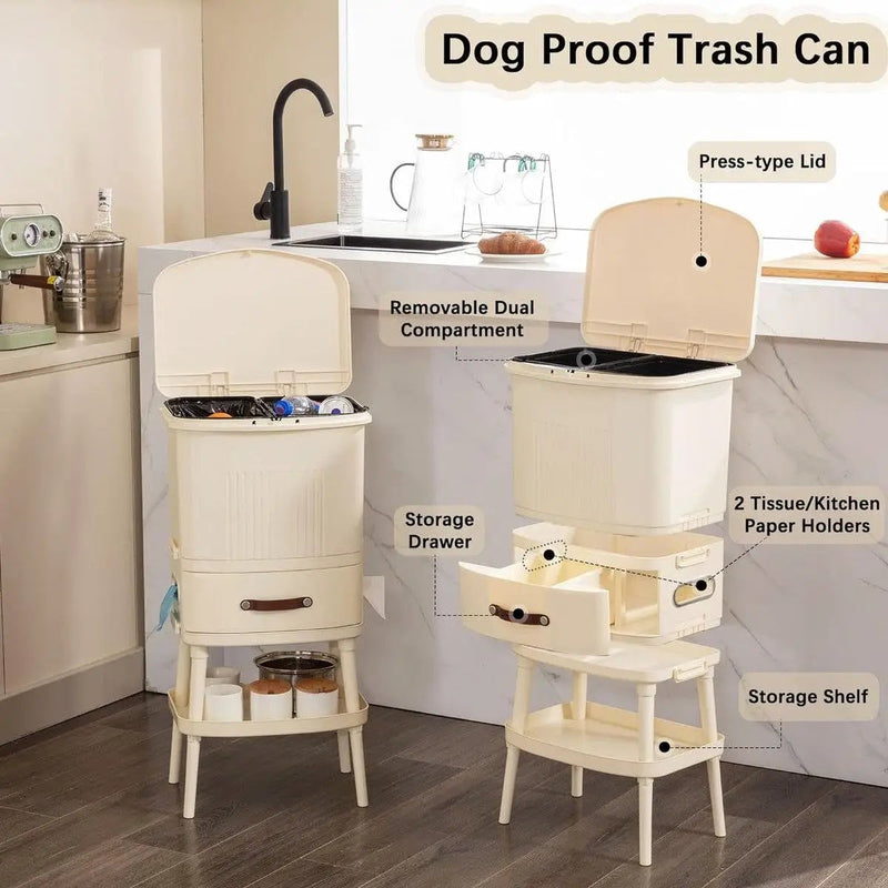 8 Gallon Elevated Trash Kitchen Can with Lid and Storage Shelf in Cream by HomePacific