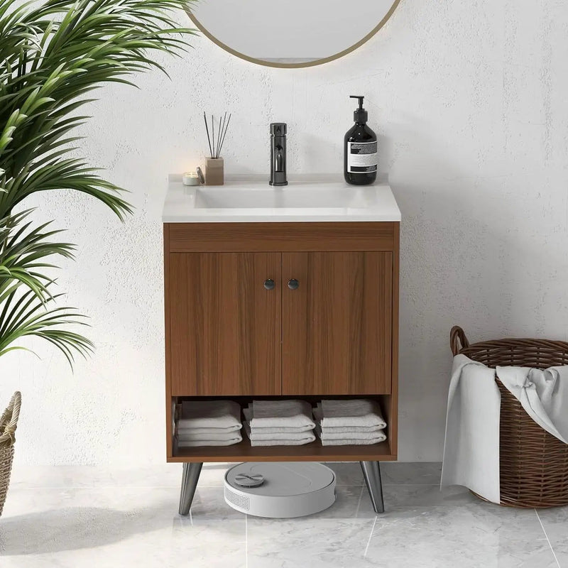 Mid-Century Modern Bathroom Vanity in Walnut Wood Finish with Sink by HomePacific