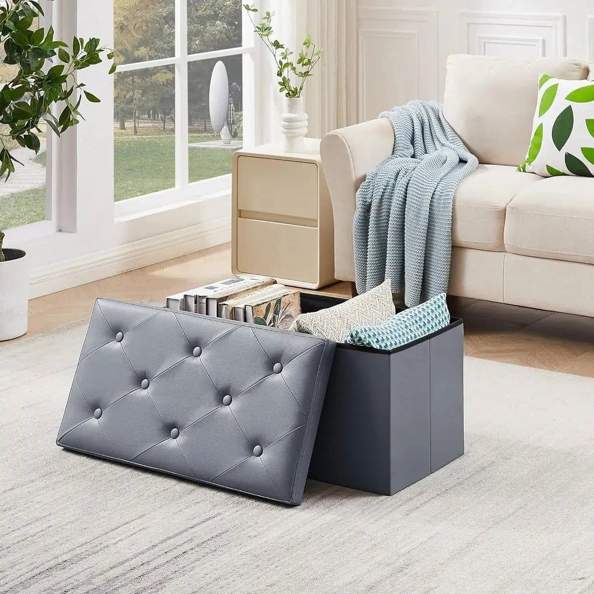 30-inch Light Grey Faux Leather Upholstered End of Bed Storage Bench Ottoman by HomePacific