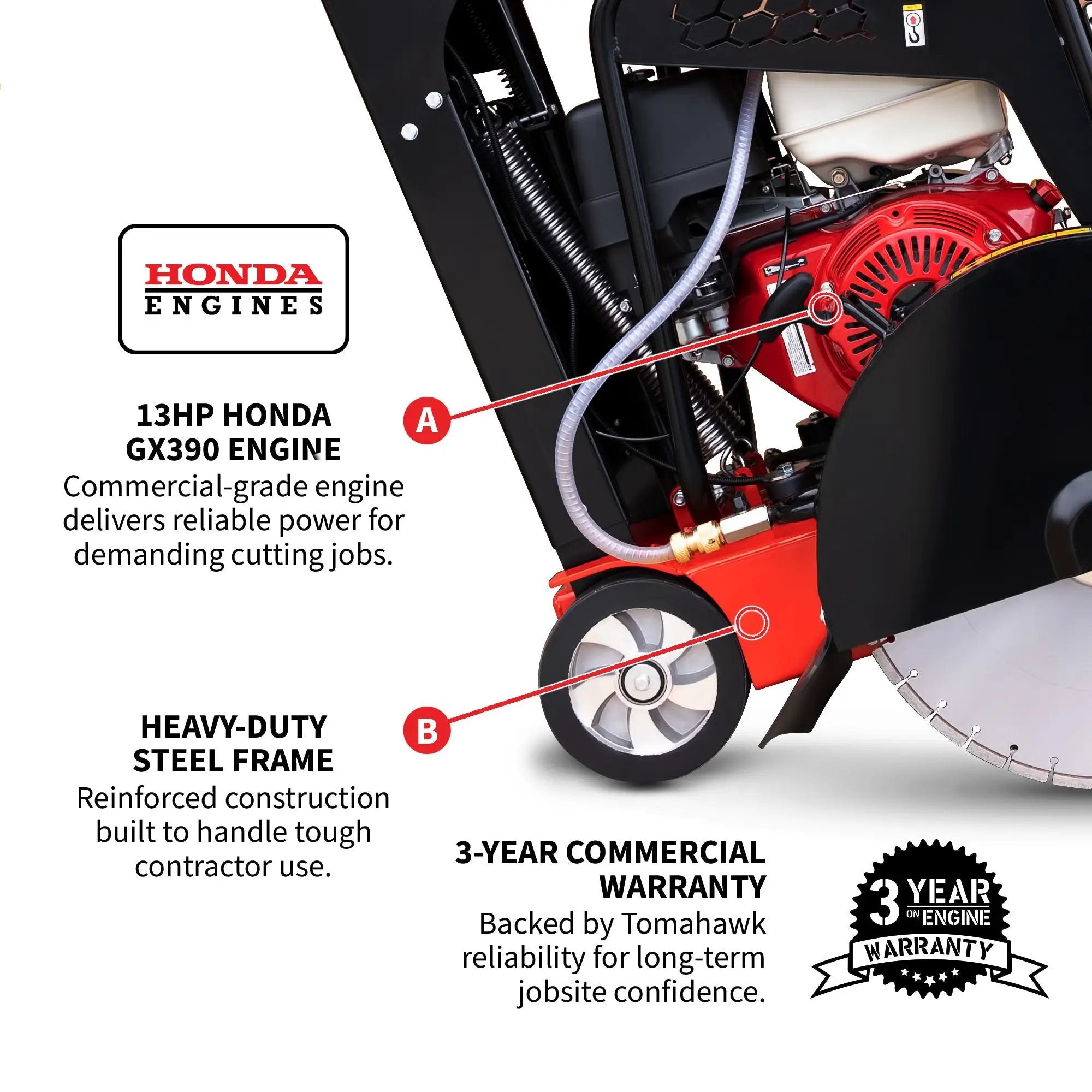 20 Inch Walk Behind Concrete Saw with 13 HP Honda Water Tank GX390 Engine for Asphalt Concrete Cutting by Tomahawk Power