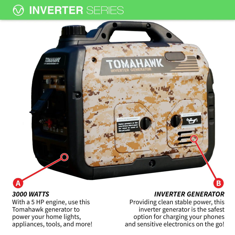 3000 Watt Inverter Generator Super Quiet Portable Gas Power Professional Use - Camo Special Edition by Tomahawk Power