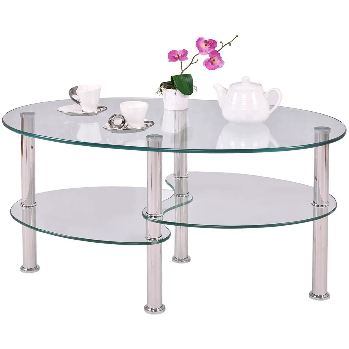 Modern Oval Tempered Glass Coffee Table with Bottom Shelf by HomePacific