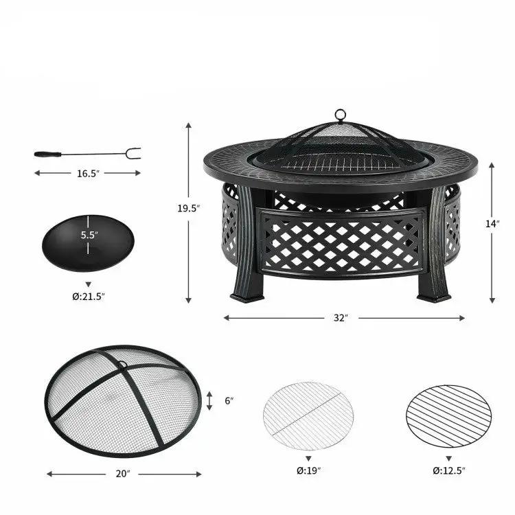 Rustic Steel Outdoor Fire Pit with BBQ Grill with Poker and Mesh Cover by HomePacific