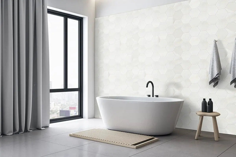 Greecian White 8" Hexagon Polished Marble Mosaics in a finished room