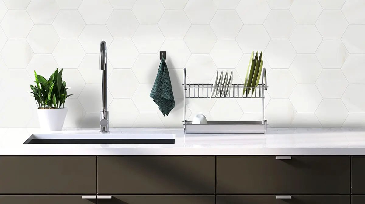Greecian White 8" Hexagon Polished Marble Mosaics in a finished room
