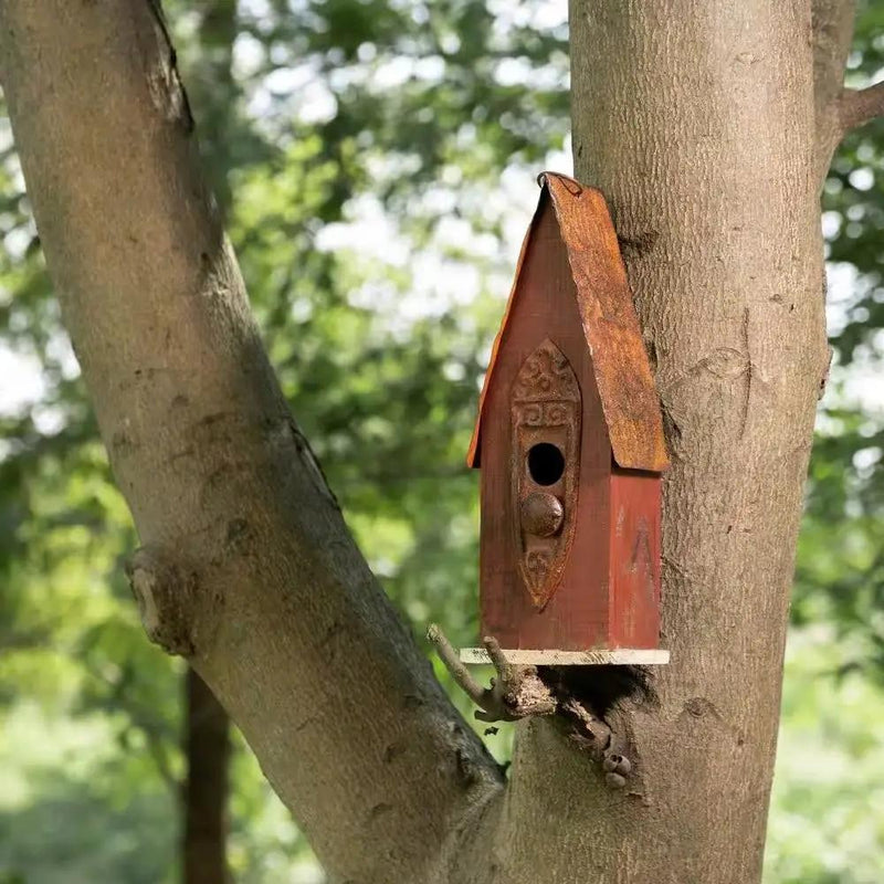 Outdoor Garden Rustic Brown Solid Wood and Iron Bird House by HomePacific