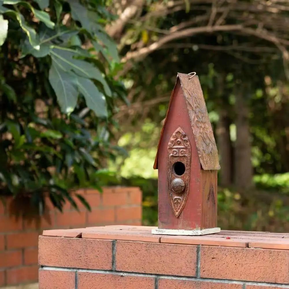 Outdoor Garden Rustic Brown Solid Wood and Iron Bird House by HomePacific