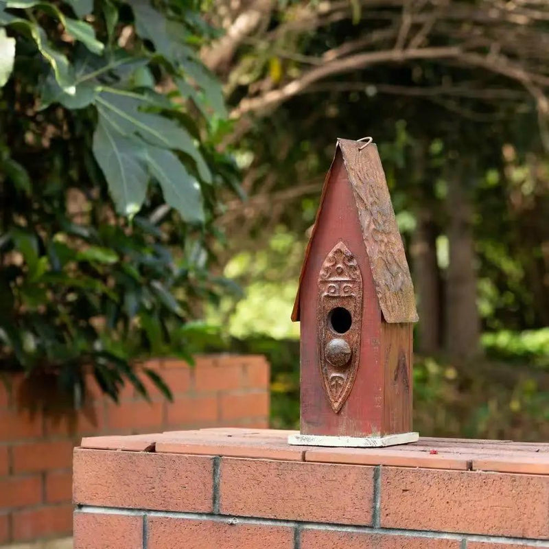 Outdoor Garden Rustic Brown Solid Wood and Iron Bird House by HomePacific