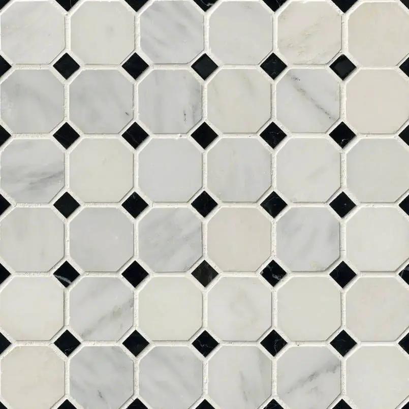 Greecian White 2" Octagon With Black 5/8x5/8 Polished In 12x12 Mesh Marble Mosaics close up