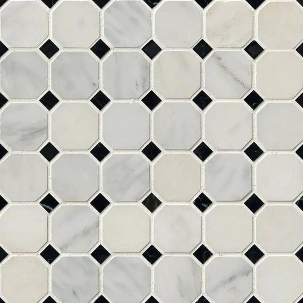 Greecian White 2" Octagon With Black 5/8x5/8 Polished In 12x12 Mesh Marble Mosaics