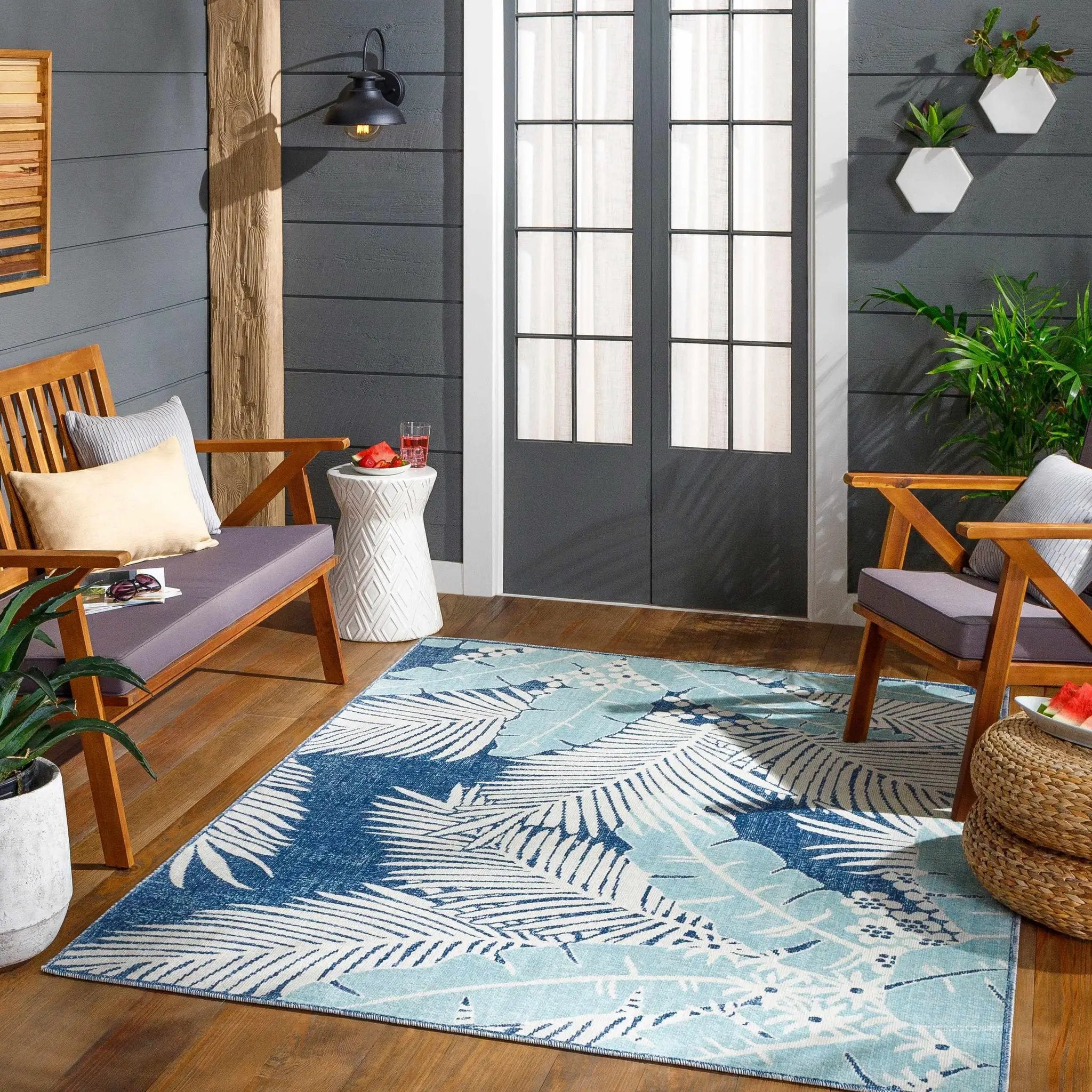 Thebarton Coastal Blue Palm Outdoor Area Rug by Boutique Rugs