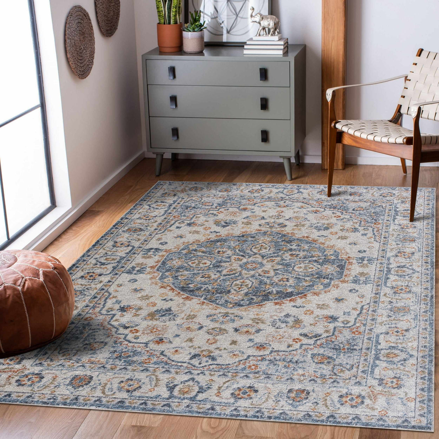 Hiti Cream&Blue Washable Rug - Clearance by Boutique Rugs