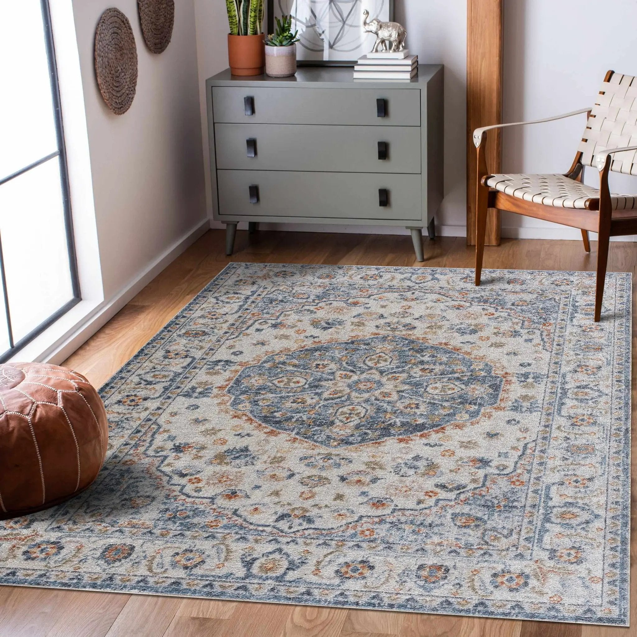 Hiti Cream&Blue Washable Rug - Clearance by Boutique Rugs
