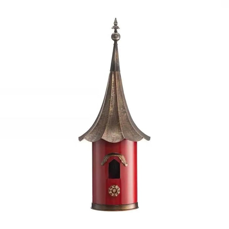 Red Metal Birdhouse with Copper Bronze Finish Gramophone Roof by HomePacific