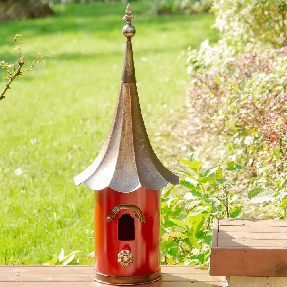 Red Metal Birdhouse with Copper Bronze Finish Gramophone Roof by HomePacific