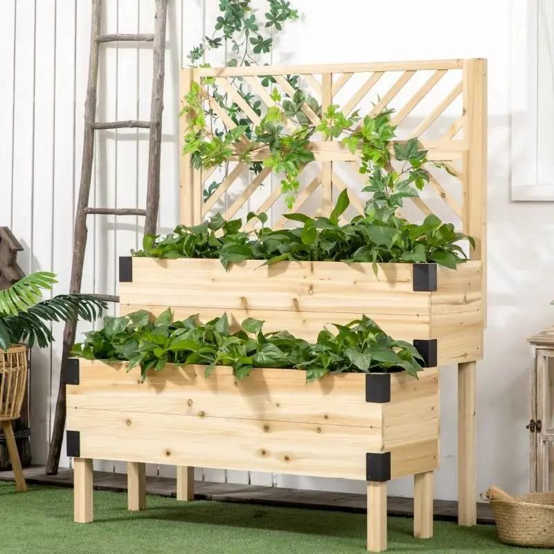 2 Tier Self Draining Natural Wood Raised Garden Bed Planter Box with Trellis by HomePacific