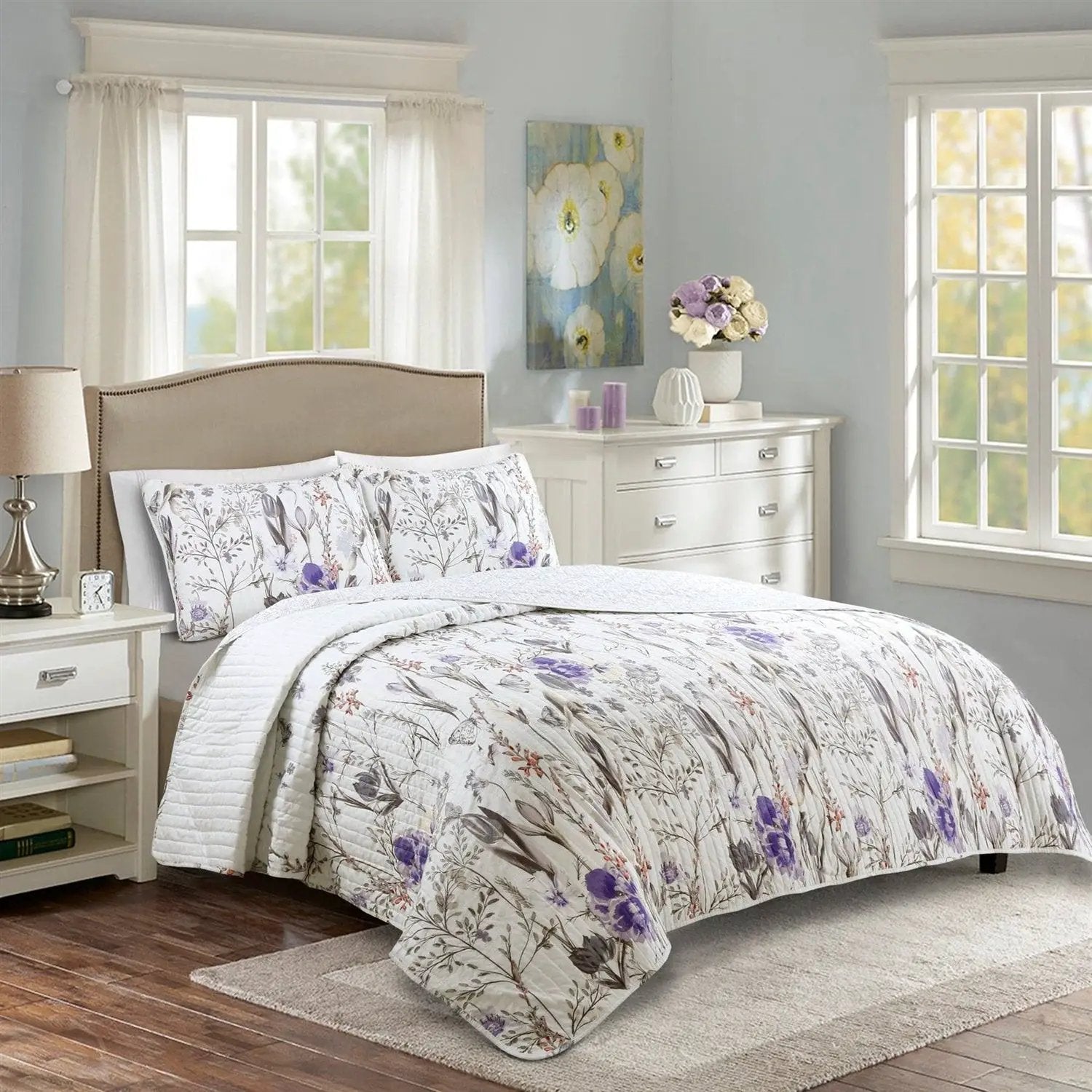 King Size Lightweight Purple Grey White Floral Quilt Set by HomePacific