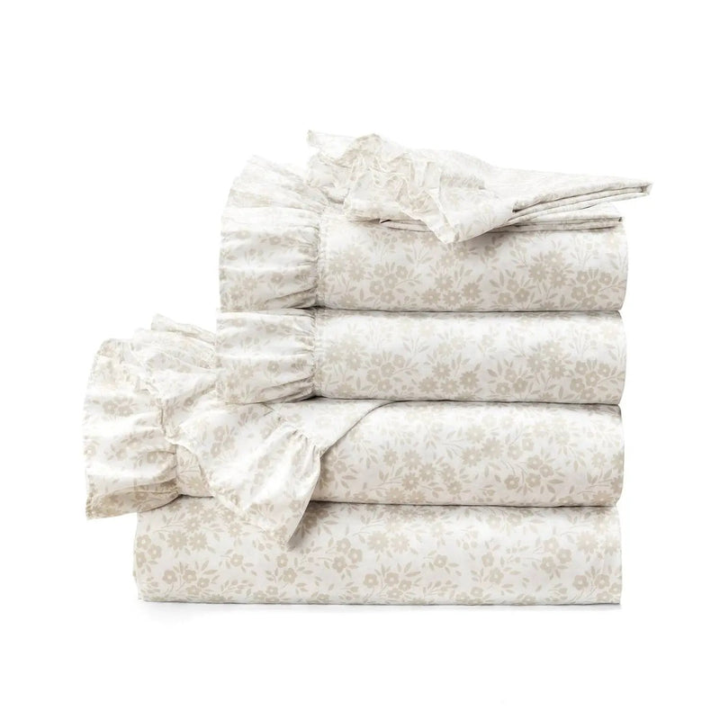 King Size Tan White Floral Ruffle Polyester 6 Piece Sheet Set by HomePacific
