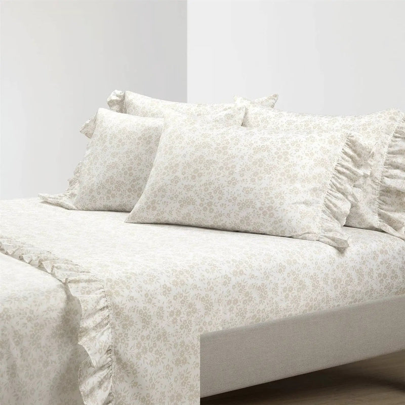 King Size Tan White Floral Ruffle Polyester 6 Piece Sheet Set by HomePacific