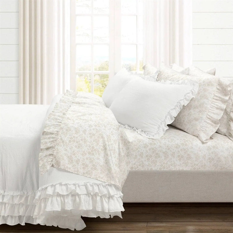 King Size Tan White Floral Ruffle Polyester 6 Piece Sheet Set by HomePacific