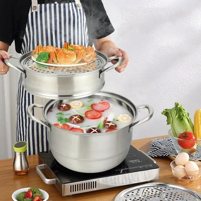 3 Tier Large Stainless Steel Steamer Cookware Set by HomePacific