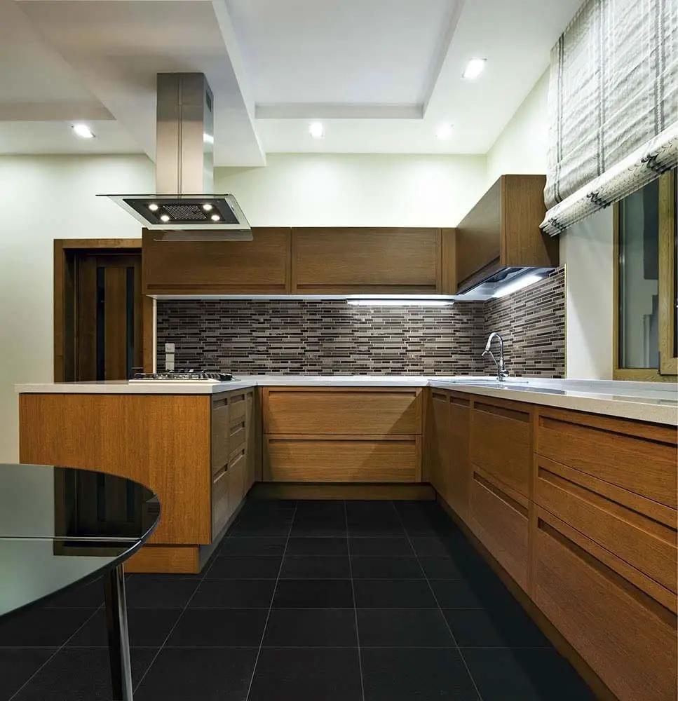 Absolute Black Polished Granite Tiles 12x12 in a finished room