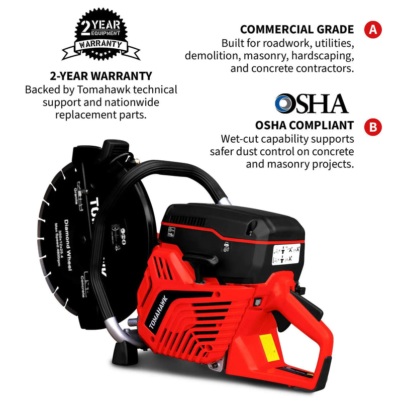 14" Concrete Saw 74cc Handheld Cut-Off Saw 5" Cutting Depth Gas Powered Water Cooling System Commercial Concrete Cutter for Asphalt Masonry Rebar & Roadwork by Tomahawk Power